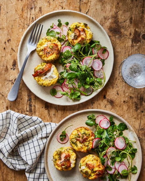 Rukmini Iyer’s hot smoked salmon frittatas with watercress and radishes.