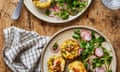 Rukmini Iyer’s hot smoked salmon frittatas with watercress and radishes.