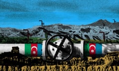 A illustration shows an white oil pipe with the Azerbaijan flag