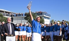 Team Europe captain Suzann Pettersen celebrates with the Solheim Cup .