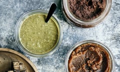 Tom Hunt's seed and nut butters: homemade ‘Nutella’ (top); a hemp, pumpkin and brazil-nut butter (mid-left); and amlou – a Moroccan almond, honey and argan oil spread.