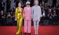 Resplendent … Julianne Moore, Pedro Almodóvar and Tilda Swinton at the Venice film festival premiere of The Room Next Door