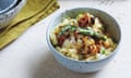 A bowl of cauliflower and asparagus mac 'n' cheese.