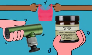 A composite of pictures of a green massage gun, a pink sports bra and a pot of warming salve all held up by illustrated hands