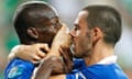 Italy's Mario Balotelli celebrates with his teammate Leonardo Bonucci