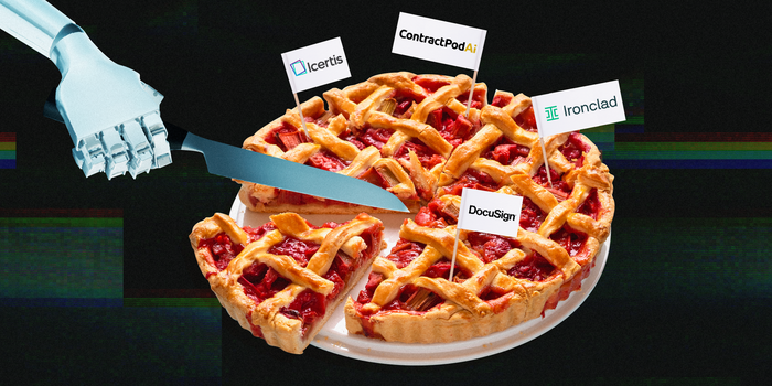 A robot hand slicing into a pie with toothpick flags sticking out, bearing the logos of contract management tech companies