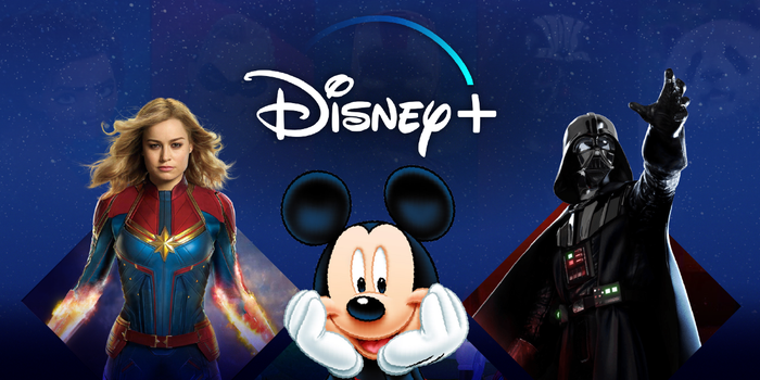 Captain Marvel, Mickey Mouse, and Darth Vader set on a blue Disney montage background with the Disney+ logo above them.