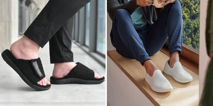 two men wearing slippers side by side 2x1