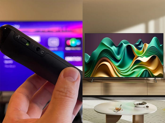 A side-by-side image with a photo of a Roku remote in hand next to an image of a Hisense U6N in a living room.