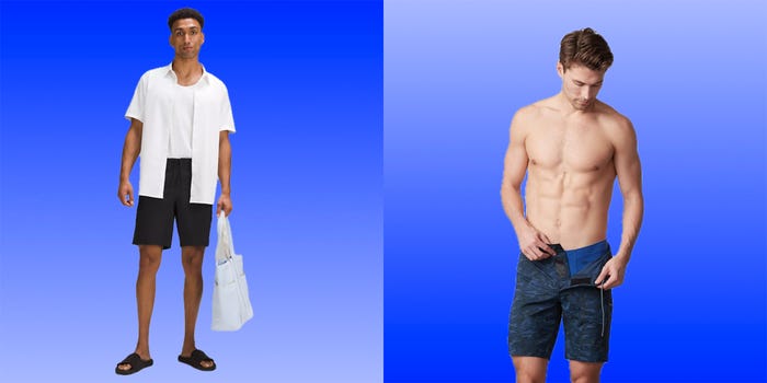 two men wearing board shorts side by side