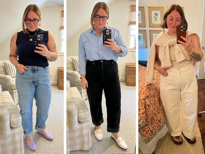 Three side by side mirror selfies of a woman wearing three different pairs of jeans from Everlane