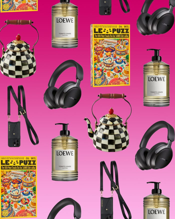 A collage showing Loewe hand soap, a Le Puzz puzzle, Bose headphones, a kettle, and a cross body phone case