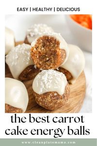 These no-bake carrot cake energy balls are the perfect little bite-sized treat. All the sweetness and spice of carrot cake, but made with good-for-you ingredients. These are naturally sweetened and a good source of fiber and healthy fats.