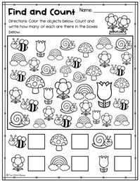 Improve essential preschool math skills with these spring find and count no prep worksheets