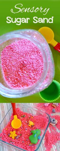 Fun homemade sugar sand for sensory play and preschool activities! Sugar sand is a super fun activity to do with your kids. You can make it any color or fragrance you want, and kids will love scooping it up and discovering hidden treasures under the sand! You can make your own sugar sand in just a few easy steps.