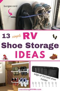 Get your RV's doorway tidied up with one of these RV shoe storage ideas. So often shoes get tossed on the floor in front of the door creating a tripping hazard. But it doesn't have to be like that. There are a variety of ways to store shoes in an RV that will get them organized and out of the way. In this article we've compiled 13 such ways to store shoes. Not all of them will work for your RV (or your needs), but click to see the article if you want to have a look. #rvshoestoragestorageideas