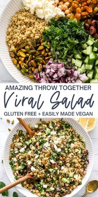 This viral Jennifer Aniston salad is made with quinoa instead of bulgar to keep it gluten-free. The quinoa is mixed with crunchy cucumber, pistachios, creamy feta cheese, chickpeas, and fresh herbs all tossed in a vibrant lemon olive oil dressing. Enjoy it for a quick light and healthy lunch, dinner, or snack.