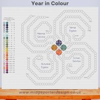 Make a unique visual display of the year using the average daily temperature for each day of the month. This design allows you to record (in stitches) the changing seasons.  No two designs will be the same as the finished piece represents each individual stitcher's locational temperature variations. You could even make once each year to compare variations. Notes: -The chart gives you the choice to either stitch each day using the backstitch filler pattern or use solid cross stitch. You could also alternate the stitch types between days (see picture example).  -The year (2024) at the centre of the design can be altered depending upon when you make your 'Year in Colour'.  -If your geographic locations has temperatures outside the range I have set then please feel free to alter them to higher