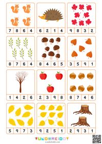 The Autumn Counting Activity for preschoolers is designed to practice counting up to 10 and to develop fine motor skills and logic. The task is to count the number of items on the cards and indicate the answer with a clothespin. Print out the materials game sheets, cut out the cards, and prepare a set of clothespins. If you don't have clothespins, you can circle the answer with a pencil. Invite your child to take a card, count the number of items, and choose the correct answer at the bottom o...