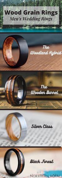 Men's Unique Wedding Rings! These wooden rings are crafted out of the most durable materials. Inlaid with natural koa wood. These wooden wedding ring are perfect for those who love the great outdoors. So many wooden rings to pick from! All these wooden rings are 100% waterproof. #mensweddingrings #mensweddingband #woodenrings #woodenweddingrings