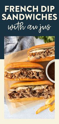 This French Dip Sandwiches with Au Jus is incredibly easy to make. With two layers of gooey melted cheese, flavorful Italian roast beef, a toasted bun, and savory au jus for dipping, you will want to recreate this French dip sandwich recipe again and again. Follow our tips for the best French dip sandwiches yet!