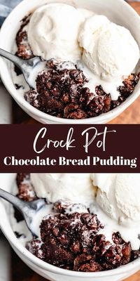 Crock pot triple chocolate bread pudding is the perfect dessert for chocolate lovers! This chocolate bread pudding is a seriously decadent slow cooker dessert recipe!