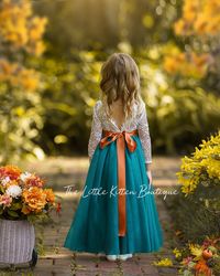 Teal Tulle Flower Girl Dress, Fall Flower Girl Dress, Rustic Lace Flower Girl Dress, Boho Flower Girl Dress, Flower Girl Dress, Girls Dress - Etsy