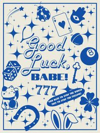 Embrace the whimsical charm and vibrant energy of Chappell Roan's hit song "Good Luck, Babe!" with this stunning digital print. Featuring playful blue illustrations of lucky symbols such as a ladybug, a four-leaf clover, a lucky cat, and more, this print is a perfect blend of positivity and style. The bold, retro-inspired typography and starry background add an extra layer of magic to this enchanting piece. Perfect for any fan of Chappell Roan or anyone looking to add a touch of good luck to their space, this high-resolution digital download is versatile and can be displayed in various settings, from a cozy bedroom to a lively living room.