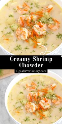 This Creamy Shrimp Chowder is one of the easiest seafood chowders to make. Shrimp, potatoes, onions, carrots, celery and fresh herbs are cooked in a creamy and cheesy broth.