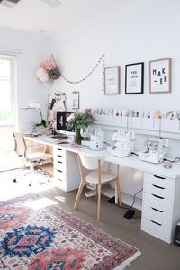 A tour of Megan Nielsen's workroom // A stylish home office with multiple workspaces included sewing space