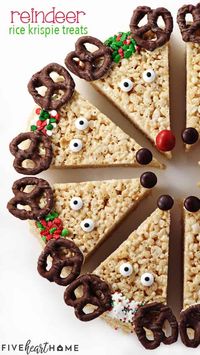 10min · 8 servings     Reindeer Rice Krispie Treats are cute, festive, and easy to make. These Christmas Rice Krispie Treats make a fun holiday project for the kids and a yummy treat to share with neighbors and friends.  INGREDIENTS  • 4 tablespoons 1/2 stick butter, plus extra for greasing the pan  • 10 ounces mini marshmallows  • 6 cups crispy rice cereal  • 2 ounces white chocolate baking chocolate, candy coating, or melts, DIVIDED  • 16 candy eyes  • 16 chocolate covered pretzels  • 7 brown M&Ms  • 1 red M&M  • Christmas sprinkles  INSTRUCTIONS: https://www.fivehearthome.com/reindeer-rice-krispie-treats/