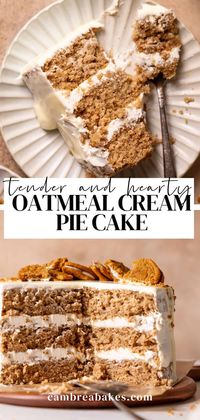 This oatmeal cream pie cake is a warm and cozy spiced oatmeal cake filled with vanilla cream and topped with a creamy vanilla glaze. Inspired by Little Debbie's oatmeal cream pies; it's the perfect treat for fall or any time of year!