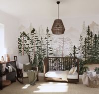 Add a touch of tranquility and serenity to any wall with this Foggy Pine Tree Forest Mural. This breathtaking wallpaper features a foggy pine tree forest scene in subtle greens, gray, brown, and white tones, adding an ethereal and calming atmosphere. Preferred by gender neutral and boy themed nurseries, this beautiful