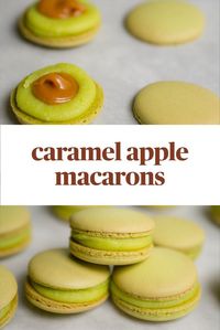 These caramel apple macarons have apple-flavored shells and a green apple white chocolate ganache filling with salted caramel filling.