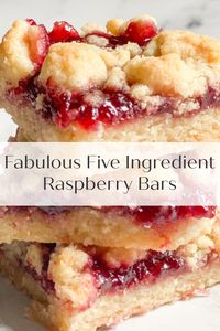 Learn how to make these fabulous raspberry bars with only five ingredients! A buttery shortbread cookie crust layered with sweet raspberry jam and topped with a sweet crumb topping is an easy homemade summer dessert! #barcookies #summerbaking #baking #raspberrybarseasy #raspberrybarsrecipes #raspberrybarsshortbread