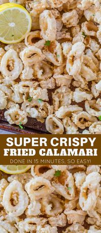 Crispy Fried Calamari is a delicious and easy appetizer to make that you'll love served with lemon or marinara sauce. | #calamari #fried #appetizer #dinnerthendessert #fish #seafood #squid #italian #italianrecipes #easy #recipe