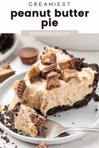 This homemade peanut butter pie is made with a thick oreo crust, a rich and decadent peanut butter filling, and topped with peanut butter cups.