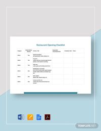 Instantly Download Restaurant Opening Checklist Form Template, Sample & Example in Microsoft Word (DOC), Google Docs, Apple Pages. Quickly Customize. Easily Editable & Printable.