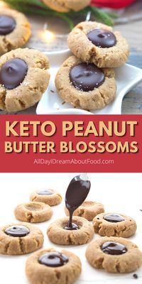 Peanut Butter Blossoms have been keto-fied! Soft low carb peanut butter cookies with a “kiss” of sugar free chocolate in the center. These easy Keto Christmas cookies will help you make it through the holidays.