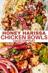 Learn how to make CAVA's popular honey harissa chicken recipe right at home. Plus, get ideas for recipe variations and tips for meal prepping ahead of time. This homemade CAVA bowl features tender chicken marinated in a delicious honey harissa sauce and tossed with Mediterranean-style toppings. It's all placed over a bed of basmati rice and lettuce, drizzled with a hot harissa vinaigrette, and served with a warm pita.