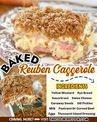 Baked Reuben Casserole is like a huge reuben sandwich for a crowd! Layers of rye bread, pastrami, sauerkraut, Swiss cheese and special sauce!