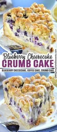 These Blueberry Cheesecake Crumb Cake are the perfect combination of cheesecake and crumb cake. Tender center, creamy filling and a crunchy, buttery topping.