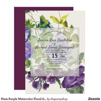 Elegant plum purple watercolor floral with green leaves wedding invitation.