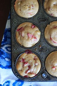 Strawberry rhubarb muffins with a dash of cinnamon, using Greek yogurt instead of milk and applesauce instead of oil. From trialandeater