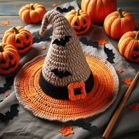 Learn how to crochet a Halloween witch hat with a wide brim and fun decorations. Perfect for Halloween. Halloween witch hat crochet tutorial.