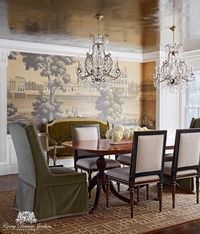 A de Gournay mural reflects onto the 11-step lacquered Venetian plaster ceiling in this historic Detroit-area home.