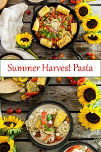 End of Summer Harvest Pasta is the perfect vegetarian summer pasta recipe full of zucchini, eggplant, bell peppers, corn, and tomatoes. The perfect vegetarian summer dinner recipe from www.seasonedsprinkles.com #recipe #pasta #vegetarian #zucchini #dinner