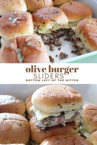 These olive burger sliders have soft white slider buns topped with a layer of mayonnaise-olive spread, ground beef, and muenster cheese. A Michigan favorite with a bite-sized spin.