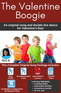 Students will love this original valentine song and double line dance! Package includes two recordings, a PDF with lead sheet and lesson ideas, a SMART Notebook file and a tutorial video. #ValentineSong #Dance #ElementaryClassroomMusic #MusicAndMovement #LisasClassroomSongs