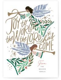 This holiday card features angels and foil lettering.